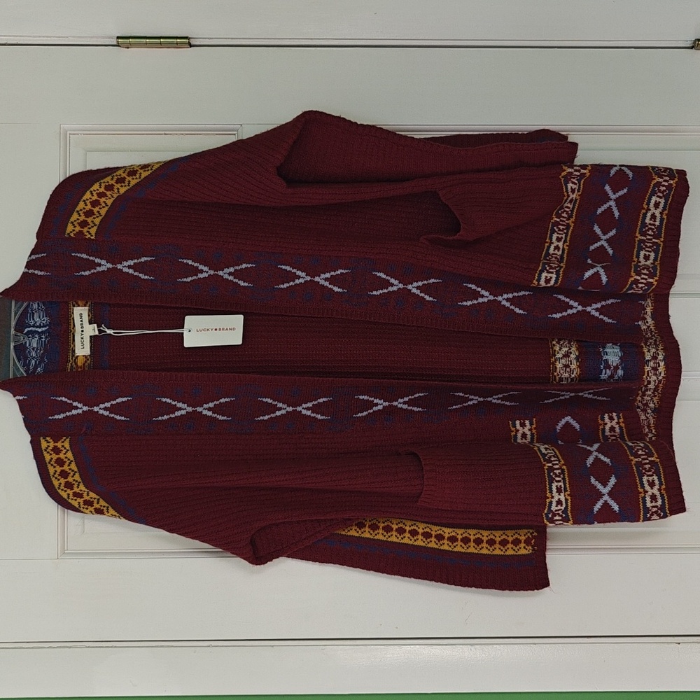 Lucky Brand Southwestern Aztec Knit Cardigan Sweater Burgundy Red NWT Size L